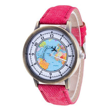 Load image into Gallery viewer, Fashion Casual Watches Women Casual Wristwatch Personality World Map With Airplane Pattern Cowboy Band Quartz Watch For Woman  and Girls
