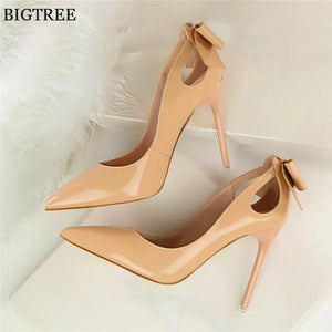 Spring Patent Leather Fashion Bowtie Women's Shoes Back Heel Cut-Outs Sexy Pumps Female High Heels Pointed Toe Dress Party Shoes