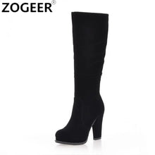 Load image into Gallery viewer, Women&#39;s Winter High Boots Fashion Flock Knee High Boots Women Knight Boots Black Thick High Heels Zipper Round Toe Ladies Shoes
