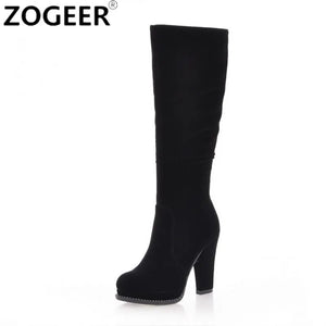 Women's Winter High Boots Fashion Flock Knee High Boots Women Knight Boots Black Thick High Heels Zipper Round Toe Ladies Shoes