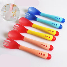 Load image into Gallery viewer, 3Pcs Set Baby Dishes With Suction Cup Assist Food Bowl Temperature Sensing Spoon Baby Tableware Baby Utensils Spoon+Fork
