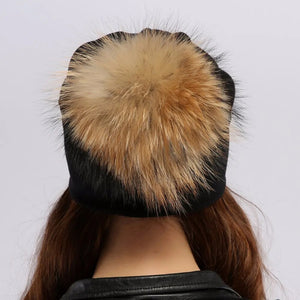 Geebro Brand Women's Beanie Hat Casual Cotton Pompom Beanies Hats Raccoon Fox Fur Pompon Skullies Balaclava Caps For Women JS294