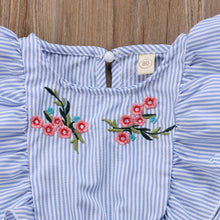 Load image into Gallery viewer, Summer Toddler Baby Girl Romper/ jumpsuit Short Petal Sleeve Elastic Waist Floral Print Striped Blue Lace Dress
