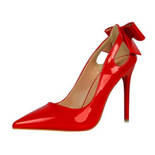 Load image into Gallery viewer, Spring Patent Leather Fashion Bowtie Women&#39;s Shoes Back Heel Cut-Outs Sexy Pumps Female High Heels Pointed Toe Dress Party Shoes
