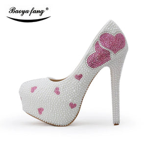 BaoYaFang New White pearl Beads Women's Wedding shoes Bride High heels party dress High platform shoes and bag set Lovers Heart