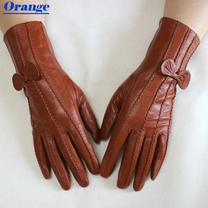 Sheepskin Gloves Women's Mid-Length Striped Style Velvet Lining Autumn and Winter Warmth Ladies Brown Leather Finger Gloves