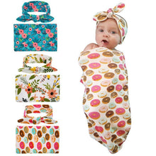 Load image into Gallery viewer, Swaddle Blanket Set Receiving Wrap Props Newborn Infant Boy Girl Headwear Flower Print Romper With Bow
