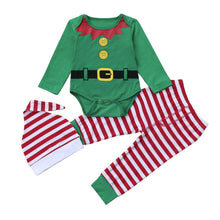 Load image into Gallery viewer, Modern Luxury Christmas Print Long Sleeve Striped Plaid Romper Pants Hat 3pcs For Baby Boys Girls
