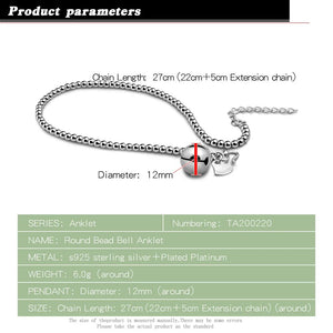 New Summer Charm Accessories Women's 925 Sterling Silver Anklet Beads Bell Design Solid Silver Anklet Foot Jewelry Birthday Gift