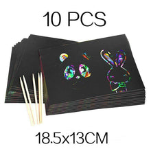 Load image into Gallery viewer, Magic Rainbow Color Scratch Art Paper Card Set With Graffiti Stencil Drawing Board Stick Art Painting Educational Toys
