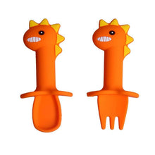 Load image into Gallery viewer, New Baby Feeding Spoon Fork Set Short Easy  Cartoon Dinosaur Soft Silicone  Teether Toys Non-hurt Training Tableware
