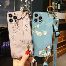 Load image into Gallery viewer, Ultra Luxury Case Cute Flower Design with Ring Kickstand Soft Crossbody Phone Cover for iPhone 13 14 Pro Max Case Fashion Crossbody Shoulder Strap Flower Leaf Phone Holder Cover for iPhone 12 11 X XR XS 7 8 Plus
