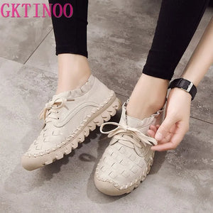 2023 New Women's Handmade Shoes Genuine Leather Flat Lacing Mother Shoes Woman Loafers Soft Single Casual Flats Shoes Women