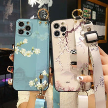 Load image into Gallery viewer, Ultra Luxury Case Cute Flower Design with Ring Kickstand Soft Crossbody Phone Cover for iPhone 13 14 Pro Max Case Fashion Crossbody Shoulder Strap Flower Leaf Phone Holder Cover for iPhone 12 11 X XR XS 7 8 Plus
