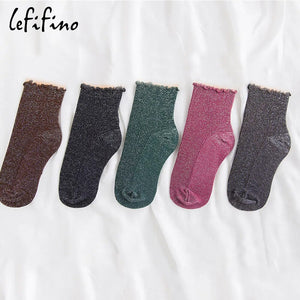 Fashion Retro Shining Surface Daily Women's Socks Pure Cotton Sweet Girl Rib Knit Spring Summer Socks Shiny Woman Simple Socks