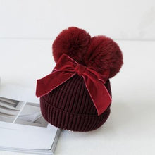 Load image into Gallery viewer, Baby Double Pompom Knitted Hat For Baby Girl Warm Thicker Children Infant Beanie Cap In elegant Winter Modern Deisgn With Big Bow
