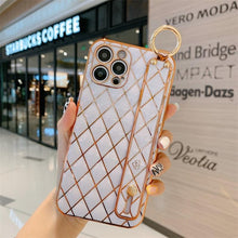 Load image into Gallery viewer, Luxury Blue Pink Gold Color Plating Soft Case Cell Phone Case For iPhone 11 12 13 Pro Max XS Max XR X 8 7 Plus Luxury Wrist Strap Plating Frame Geometric Soft Covers Bumper Iphone Case
