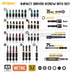 Hi-Spec Premium 44pc Impact Driver Drill Bit S2 Screwdriver Bits Set Power Tool Acessories Home Appliances Repair Hand Tools Kit