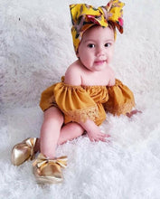 Load image into Gallery viewer, Elegant Luxury Floral Newborn Baby Girl Toddler Outfits Off shoulder Solid Tops Floral Short Pant Headband Bow Set For Baby Girls
