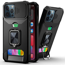 Load image into Gallery viewer, Slide Camera Cover Kickstand Card Wallet Case for iPhone11 X XS 8  Shockproof Protective Phone Case  Wallet Case for iPhone With Sliding Camera Case With Kickstand Magnetic Adjustable Ring Holder
