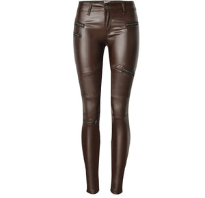 Women's Brown Coated Jeans Skinny Stretch Low Waist Pants Motorcycle Biker Jeans Multi Zipper Punk Faux PU Leather Pencil Pants