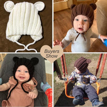 Load image into Gallery viewer, Luxury Modern Baby Knitted Winter Hat with Ears Cartoon Lace-up Children Kids Baby Bonnet Cap In Winter Cozy Style
