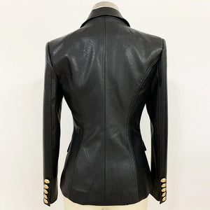 Newest Fall Winter 2023 Designer Blazer Jacket Women's Lion Metal Buttons Double Breasted Synthetic Leather Blazer Overcoat