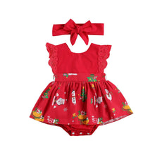 Load image into Gallery viewer, Baby Girls  Bodysuits Dress Lace Ruffles Short Sleeve Cartoon Print Jumpsuits Headband
