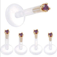 Load image into Gallery viewer, Solid 14K Yellow Gold 1.5mm Genuine Purple Diamond Bioplast Push in Labret
