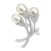 Load image into Gallery viewer, 18K White Gold 2 1/5 Cttw Diamond and South Sea Pearl Floral Brooch Pin (G-H Color, VS1-VS2 Clarity)
