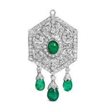 Load image into Gallery viewer, 18K 2 3/4 Cttw Diamond and Emerald Dangle Art Deco Shield Brooch Pin Pendant (G-H Color, VS1-VS2 Clarity) CHAIN NOT INCLUDED
