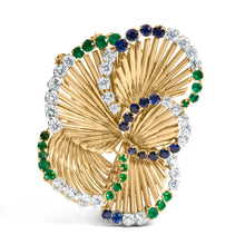 Load image into Gallery viewer, 18K Yellow Gold 2 1/3 Cttw Diamond, Sapphire, and Emerald Sculpted Petal Brooch Pin (G-H Color, VS1-VS2 Clarity)

