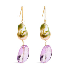 Load image into Gallery viewer, 14K Yellow Gold Amethyst and Baroque Pearl Drop and Dangle Earrings 2" Inch Dangle Length
