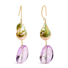 Load image into Gallery viewer, 14K Yellow Gold Amethyst and Baroque Pearl Drop and Dangle Earrings 2" Inch Dangle Length
