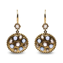 Load image into Gallery viewer, 18K Yellow Gold 1 2/3 Cttw Diamond and Blue Sapphire Bezel Set Gemstone Cluster Medallion Dangle Earrings (Brown and G-H Color, SI1-SI2 Clarity)
