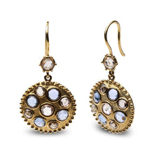 Load image into Gallery viewer, 18K Yellow Gold 1 2/3 Cttw Diamond and Blue Sapphire Bezel Set Gemstone Cluster Medallion Dangle Earrings (Brown and G-H Color, SI1-SI2 Clarity)
