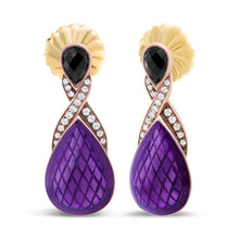 Load image into Gallery viewer, 18K Rose Gold Flash Plated .925 Sterling Silver Purple Enamel 1/5 Cttw Round Pave-Set Diamond and 5.5 x 4mm Pear-Shaped Black Onyx Drop Earrings (F-G Color, VS1-VS2 Clarity)
