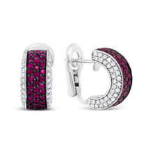 Load image into Gallery viewer, 18K White Gold and Black Rhodium Plated 3/4 Cttw Round Diamonds and 1mm Round Red Ruby Huggie Hoop Earrings (F-G Color, VS1-VS2 Clarity)
