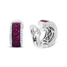 Load image into Gallery viewer, 18K White Gold and Black Rhodium Plated 3/4 Cttw Round Diamonds and 1mm Round Red Ruby Huggie Hoop Earrings (F-G Color, VS1-VS2 Clarity)
