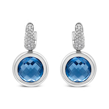 Load image into Gallery viewer, 18K White Gold Bezel Set 11mm Blue Topaz and 1/2 Cttw Invisible Set Diamond Bale Dangle Earrings (F-G Color, VS1-VS2 Clarity)
