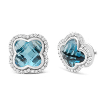 Load image into Gallery viewer, 18K White Gold 3/8 Cttw Diamond and 11x11mm Clover-Cut London Blue Topaz Gemstone Halo Clover Stud Earrings (G-H Color, SI1-SI2 Clarity)
