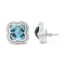 Load image into Gallery viewer, 18K White Gold 3/8 Cttw Diamond and 11x11mm Clover-Cut London Blue Topaz Gemstone Halo Clover Stud Earrings (G-H Color, SI1-SI2 Clarity)
