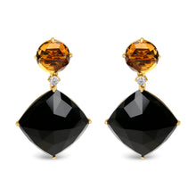 Load image into Gallery viewer, 18K Yellow Gold 1/5 Cttw Diamond with Round Yellow Citrine and Cushion Cut Black Onyx Gemstone Dangle Earring (G-H Color, SI1-SI2 Clarity)
