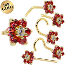 Load image into Gallery viewer, Solid 14K Yellow Gold Red and Clear Cubic Zirconia Flower Nose Ring
