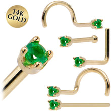 Load image into Gallery viewer, Solid 14K Yellow Gold 1.5mm Genuine Emerald Nose Ring
