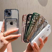 Load image into Gallery viewer, Transparent Card Holder Wallet Case For iPhone 13 11 12 14 Pro Max 14 Plus Photo Pocket Shockproof Silicone Cover Wallet Case Card Slot Ultra Glossy Slim Clear Case
