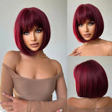 Load image into Gallery viewer, Short hair synthetic wig with side parting, locks around the collarbone, hair made of high-temperature fibers, full head cover.
