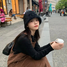 Load image into Gallery viewer, Plush fisherman hat autumn and winter basin hat round head plush high-end feeling face white bucket hat for ladies

