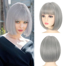 Load image into Gallery viewer, Short hair synthetic wig with side parting, locks around the collarbone, hair made of high-temperature fibers, full head cover.
