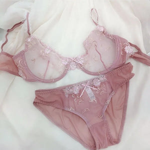 Free Shipping! Exquisite embroidery lotus pink ultra-thin women's sexy transparent lace underwear bra set